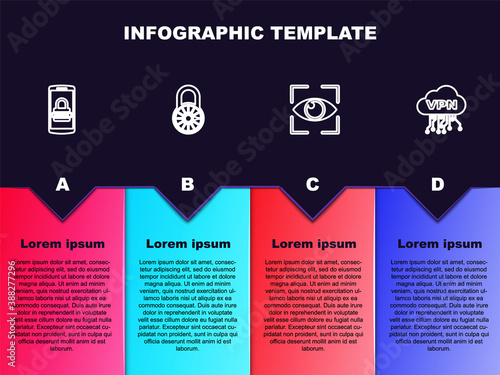 Set line Mobile and password, Safe combination lock wheel, Eye scan and Cloud VPN interface. Business infographic template. Vector.