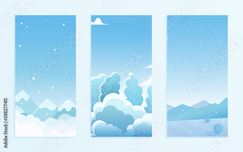 Christmas nature winter landscape under snow vector illustration set. Cartoon flat simple frost ice lands with snowy hills and mountains, blue icy forest, snowfall in Christmas holidays collection