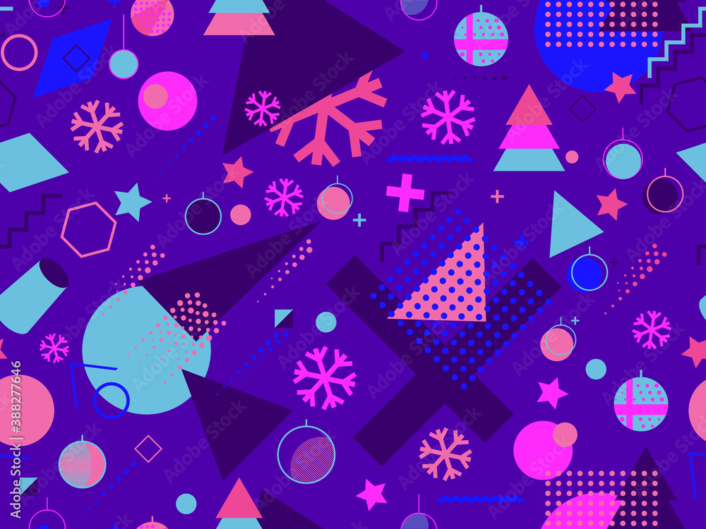 Christmas seamless pattern with snowflakes and fir trees. Christmas balls and geometric shapes. Great for brochures, promotional material, wrapping paper and wallpapers. Vector illustration Christmas seamless pattern with snowflakes and fir trees. Christmas balls and geometric shapes. Great for brochures, promotional material, wrapping paper and wallpapers. Vector illustration