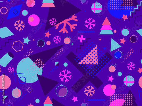 Christmas seamless pattern with snowflakes and fir trees. Christmas balls and geometric shapes. Great for brochures, promotional material, wrapping paper and wallpapers. Vector illustration