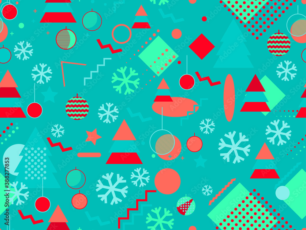 Christmas seamless pattern with Christmas decorations and geometric shapes in 80s style. Festive background for greeting cards, wrapping paper and banners. Vector illustration Christmas seamless pattern with Christmas decorations and geometric shapes in 80s style. Festive background for greeting cards, wrapping paper and banners. Vector illustration