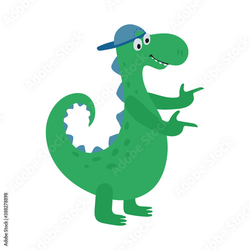Funny dinosaur dances in a cap in cartoon style isolated on a white background. Bright cute animal characters for kids. Vector illustration