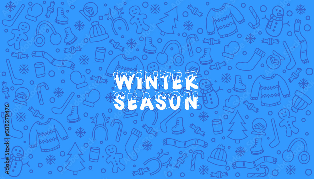 Winter season text on doodle element winter pattern vector seamless background.