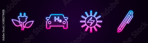 Set line Electric saving plug in leaf, Hydrogen car, Solar energy panel and Pen. Glowing neon icon. Vector.