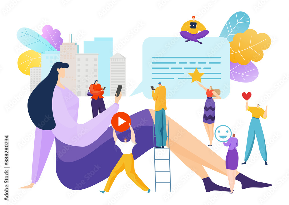 Network people in social media concept, vector illustration. Online technology design, flat web business in mobile. Man woman character have communication in smartphone, cartoon app background.