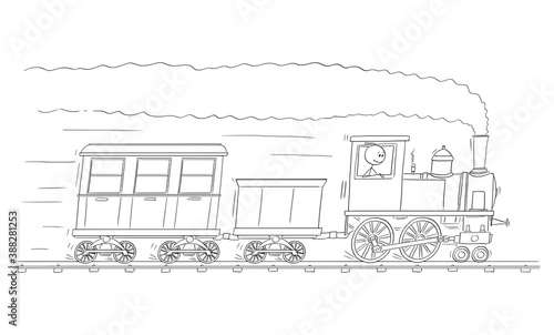 Vector cartoon stick figure illustration of man or engineer driving steam train engine or locomotive running on railroad track. Attached are coal tender and passenger wagon or car.