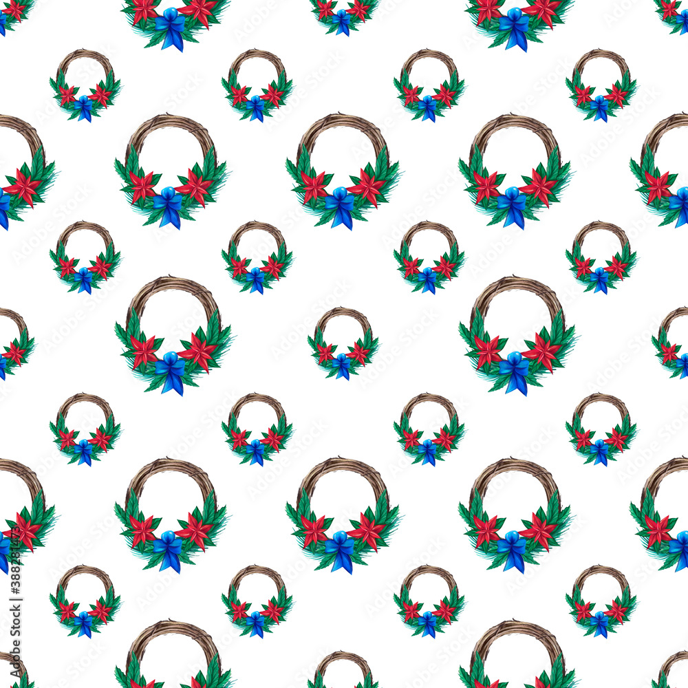 Christmas watercolor wreath seamless pattern. Hand-drawn illustration. Design for textile printing, wrapping paper Christmas watercolor wreath seamless pattern. Hand-drawn illustration. Design for textile printing, wrapping paper