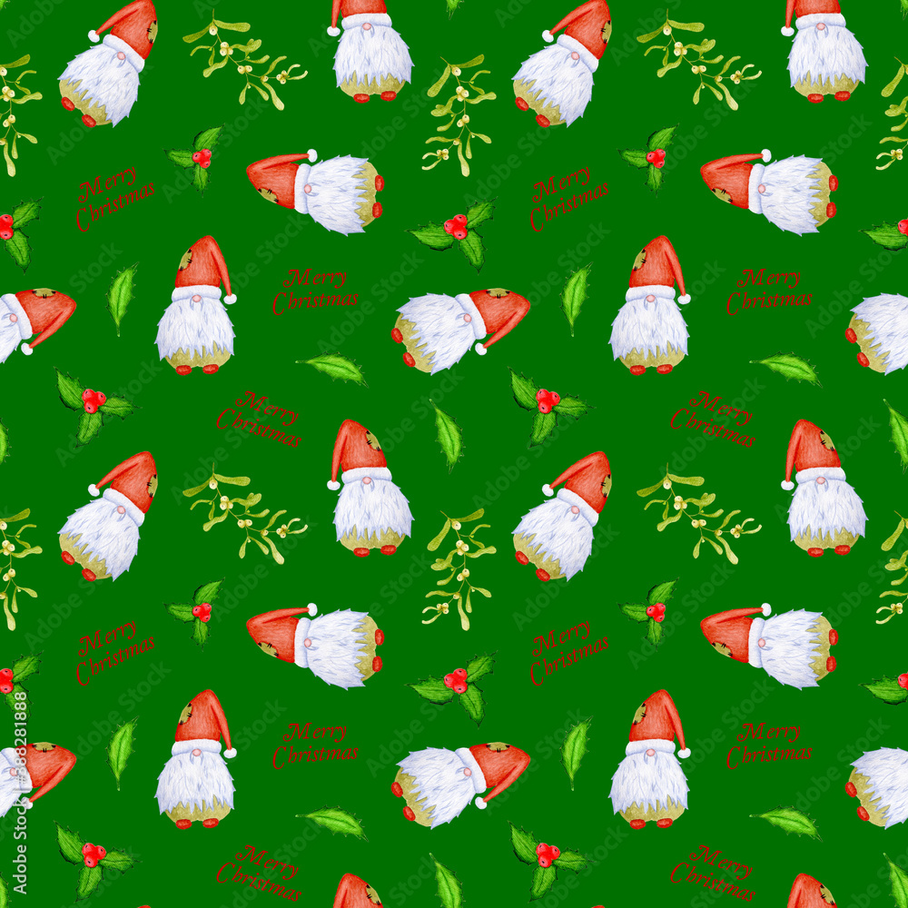 Watercolor seamless pattern with funny bearded gnome in a red hat with a branch of mistletoe and holly on a green background. Designs for wrapping paper, textiles and decoration for a nursery. Watercolor seamless pattern with funny bearded gnome in a red hat with a branch of mistletoe and holly on a green background. Designs for wrapping paper, textiles and decoration for a nursery.