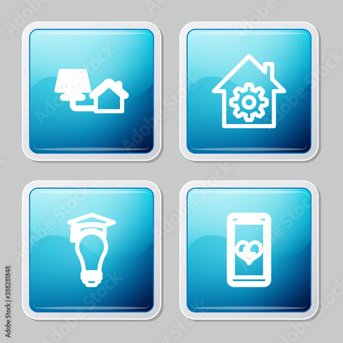 Set line House with solar panel, Smart home settings, Light bulb and graduation cap and Mobile heart rate icon. Vector.