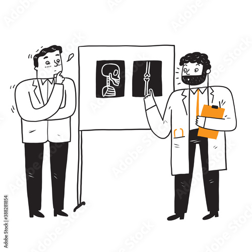 Two doctors are examining and diagnosing the patient from the x-ray