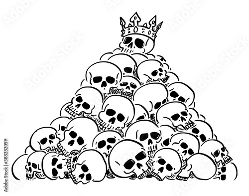 Vector cartoon illustration of heap or pile of human skulls. Skull of leader or king is on top. Concept of violence, epidemic, war, death, evanescence and fleetingness.