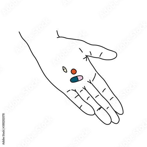 On the palm are multi-colored capsules, a sketch
