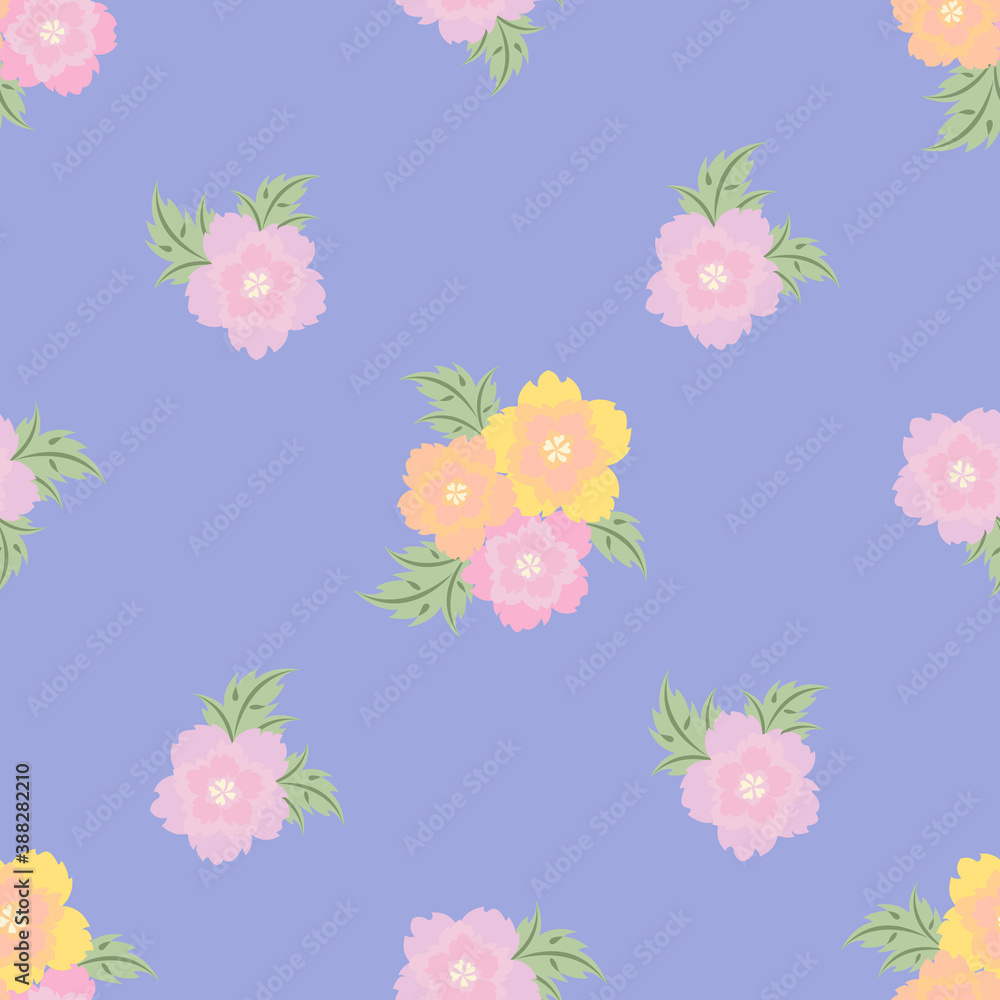 Floral seamless pattern of bouquets of pink, yellow, orange stylized peonies, roses on a blue background.