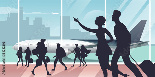 Air passengers rush to their flight in the departure hall. Scenes from the life of an airport. Flat design vector illustration.