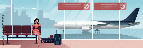 A girl sits waiting for the greeter and talks on her mobile in Airport arrival lounge. Scenes from the life of an air passenger. Flat design landscape Vector illustration.