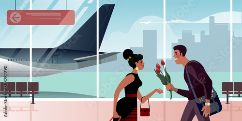 A guy with flowers meets a girl in the airport arrival hall. Scenes from the life of an air passenger. Flat design vector illustration.