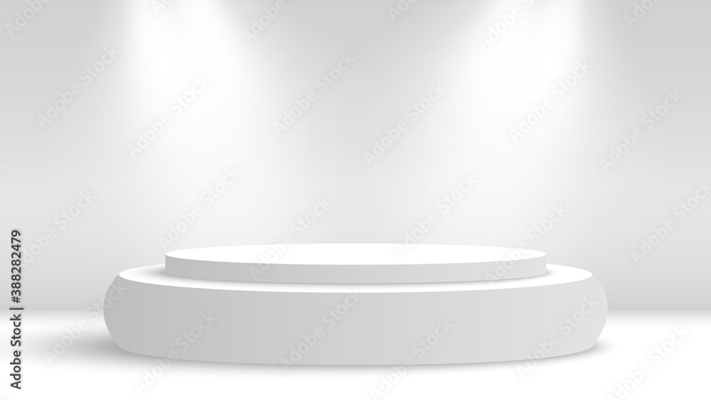 White round podium and spotlights. Pedestal. Vector illustration. White round podium and spotlights. Pedestal. Vector illustration.
