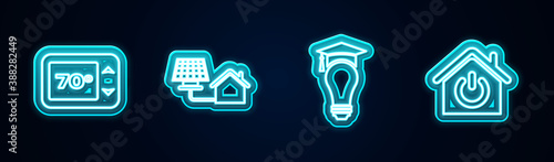 Set line Thermostat, House with solar panel, Light bulb and graduation cap and Smart home. Glowing neon icon. Vector.