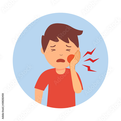 Little boy having painful toothache cartoon character in flat design. Dental problem and oral treatment concept.
