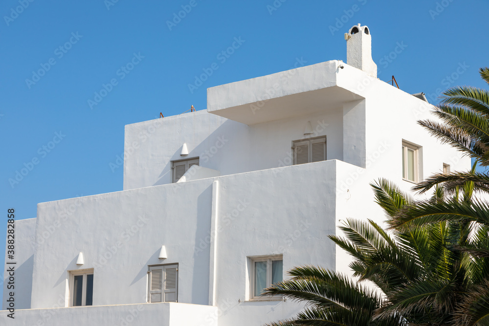 White villa, typical Greek architecture, Fira, Santorini Island, Greece.