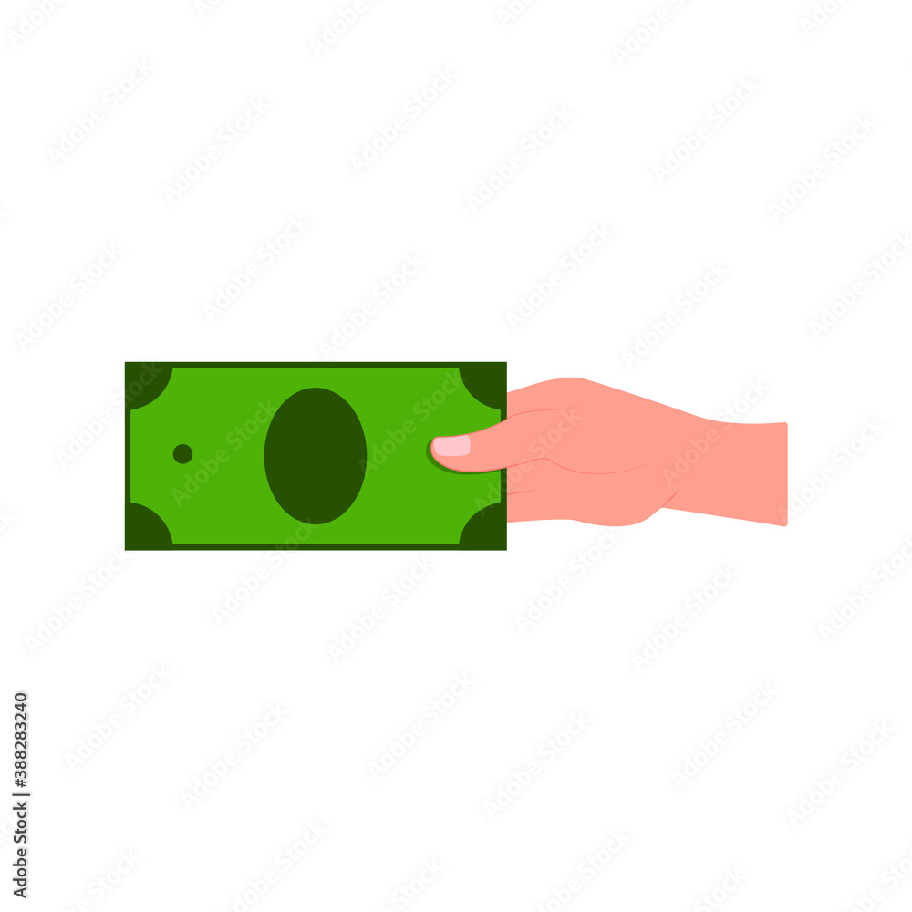 Hand holds a dollar bill, money. Vector illustration, flat cartoon color minimal design isolated on white background, eps 10. Hand holds a dollar bill, money. Vector illustration, flat cartoon color minimal design isolated on white background, eps 10.