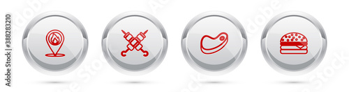 Set line Location with fire flame, Grilled shish kebab, Steak meat and Burger. Silver circle button. Vector.