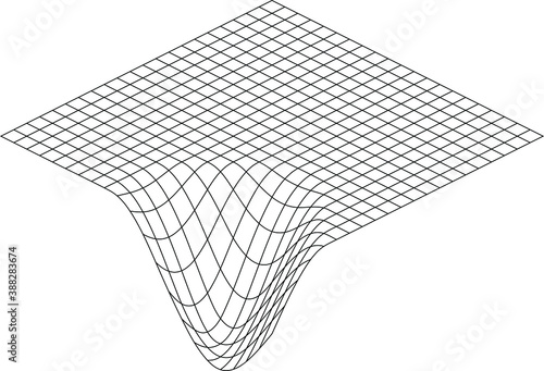 Distorted grid pattern. Technology, science, game background. Black and white. Monochrome. Banner, wallpaper, print. Bent grid in perspective. mesh with convex distortion. curved mesh elements. spatia photo