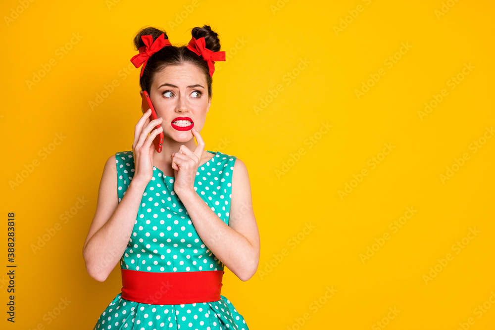 Photo of horrified girl smartphone call touch teeth finger wear skirt isolated bright shine color background Photo of horrified girl smartphone call touch teeth finger wear skirt isolated bright shine color background