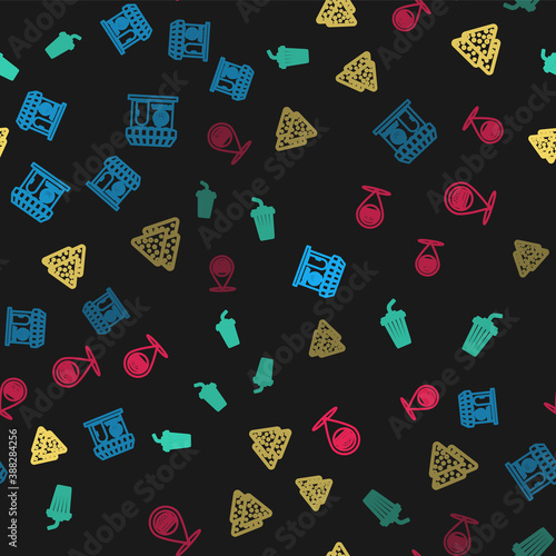 Set line Pizzeria building facade, Glass with water, Nachos and Location burger on seamless pattern. Vector.