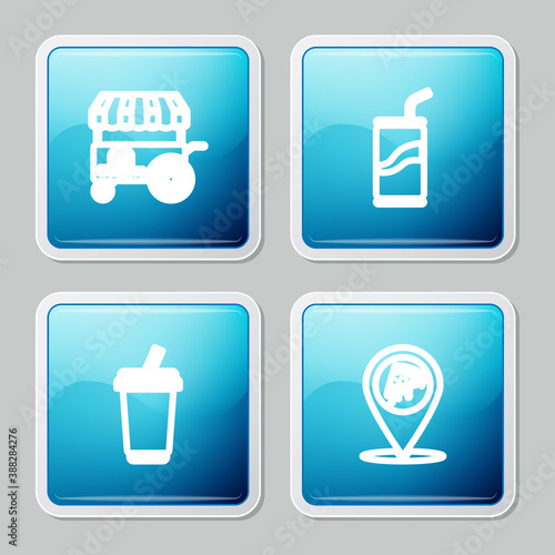 Set line Fast street food cart, Soda can with drinking straw, Glass water and Location slice pizza icon. Vector.