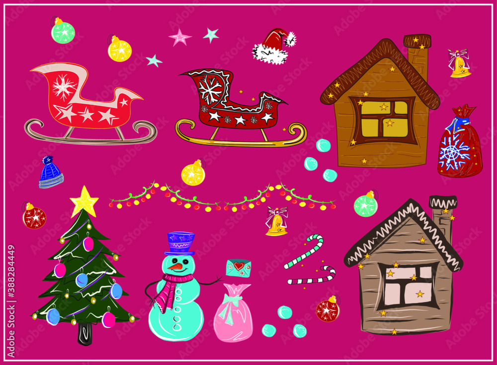 New Year. Christmas. Winter holidays. Cookie houses. Snowman, Christmas tree, decorations, garlands, a bag of gifts, Santa's sleigh. All objects are isolated. Vector.