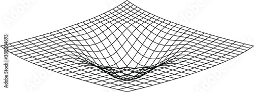 Distorted grid pattern. Technology, science, game background. Black and white. Monochrome. Banner, wallpaper, print. Bent grid in perspective. mesh with convex distortion. curved mesh elements. 