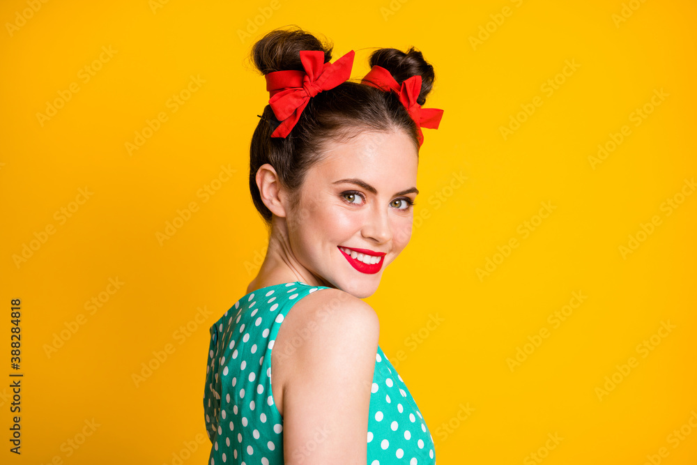 Turned photo of lovely nice girl toothy smile wear green skirt lipstick isolated over bright color background Turned photo of lovely nice girl toothy smile wear green skirt lipstick isolated over bright color background