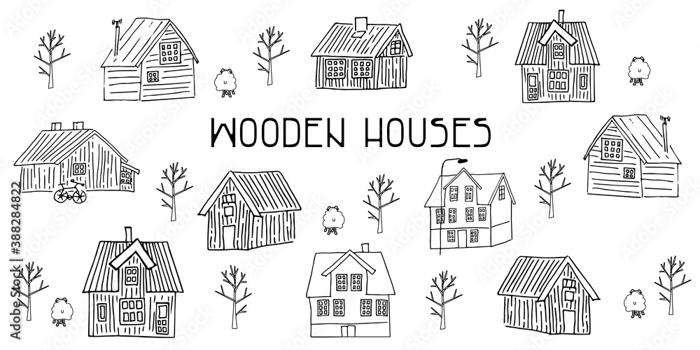Set of Black and white wooden scandinavian houses for coloring book