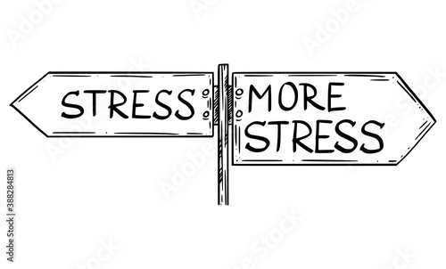Vector cartoon illustration of stress or more stress to choose from. Traffic road sign with left and right pointing directional arrow signs.