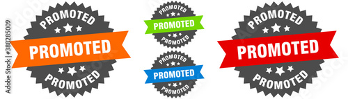 promoted sign. round ribbon label set. Seal