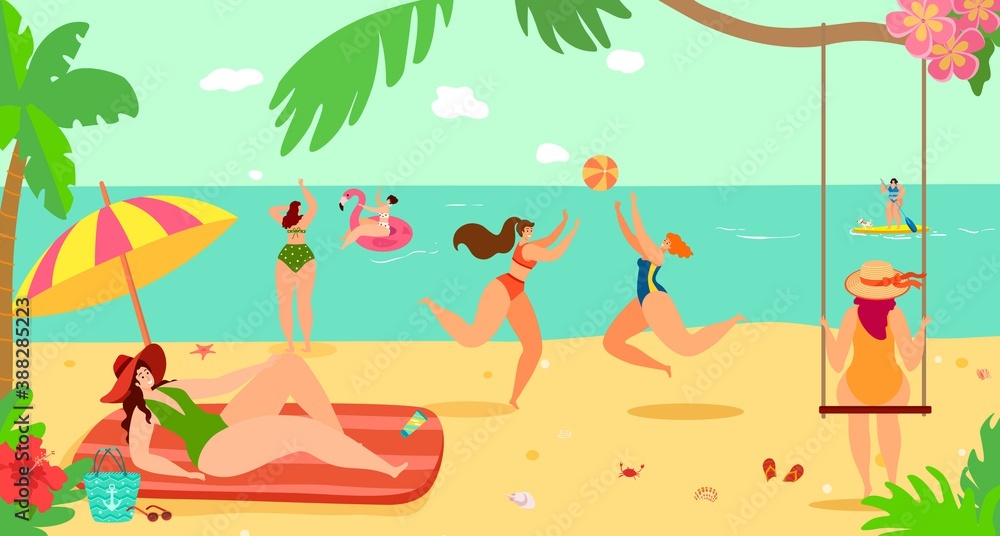 Summer sea beach vacation travel, vector illustration. Ocean tropical holiday resort for girl woman people character relaxation rest. Nature water tourism leisure, coast sand background.