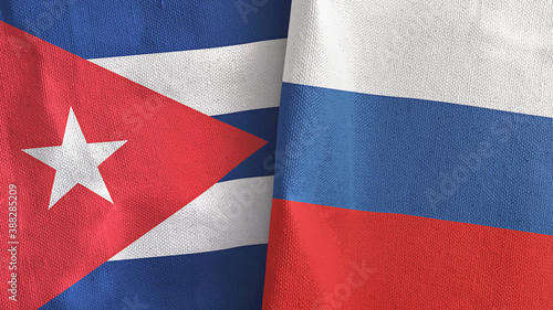 Photography Russia and Cuba two flags textile cloth 3D rendering