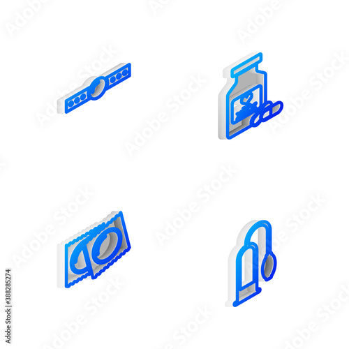 Set Isometric line Bottle with pills for potency, Silicone ball gag, Condoms in package and Penis pump icon. Vector.