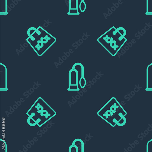 Set line Penis pump, Shopping bag with triple X and Condom safe sex on seamless pattern. Vector.