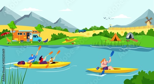 Water recreation vacation in river, summer boat sport for people kayak activity vector illustration. Man woman character with paddle, outdoor active kayaking travel and extreme adventure.