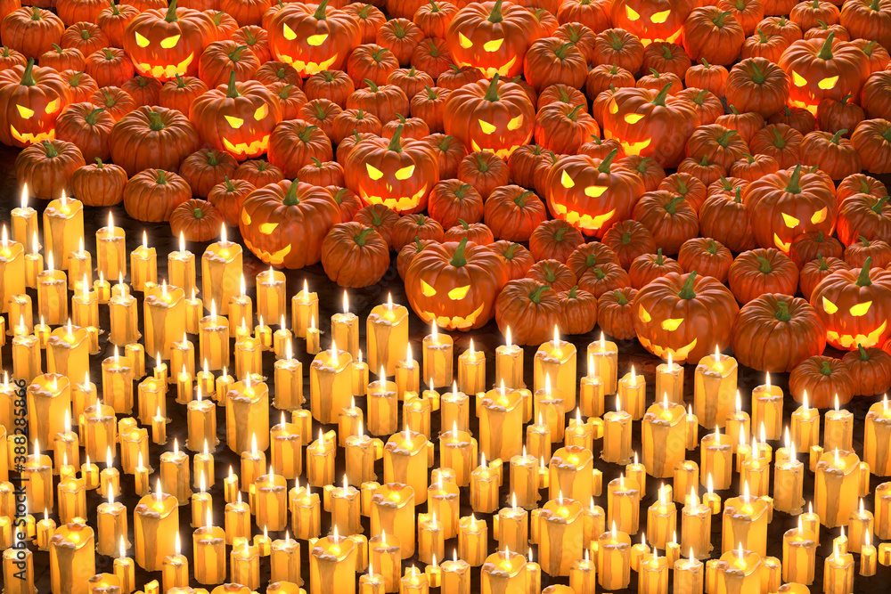 Obraz premium Halloween day concept on black background.big pumpkin with an orange light devil smile face.big candle and light on the dirt ground. black copy space. night decoration design. 3d illustrator.
