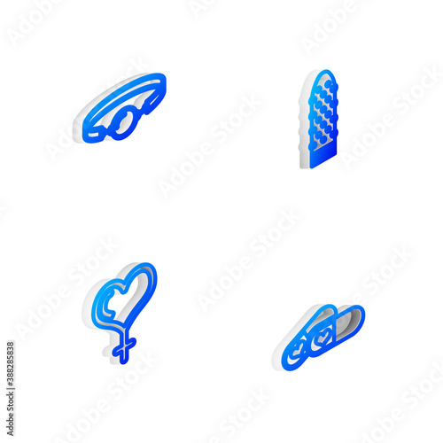 Set Isometric line Dildo vibrator, Silicone ball gag, Female gender and heart and Pills for potency icon. Vector.