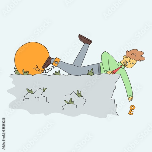 Guy with shackles catches the key, flat banner