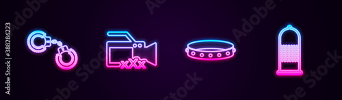 Set line Sexy fluffy handcuffs, Video camera with, Leather fetish collar and Condom safe sex. Glowing neon icon. Vector.