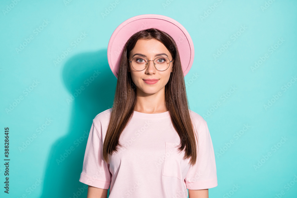 Photo of charming nice young lady look in camera isolated over pastel teal color background Photo of charming nice young lady look in camera isolated over pastel teal color background