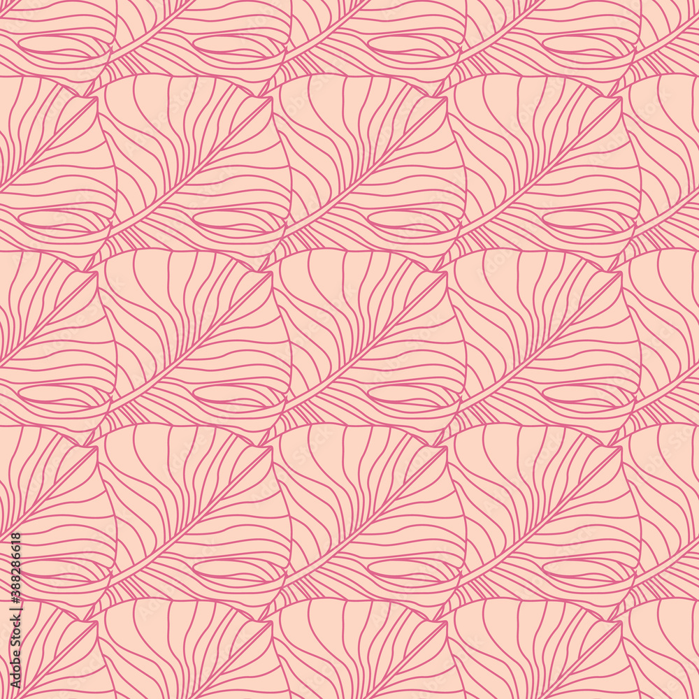 Outline monstera leaves silhouettes seamless stylized pattern. Pink palette tropical plant artwork. Simple botanic print.