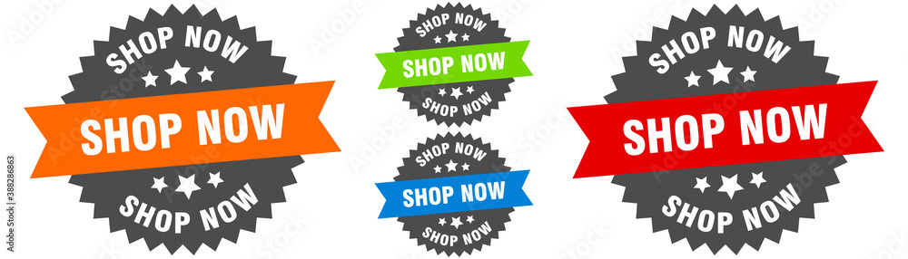shop now sign. round ribbon label set. Seal shop now sign. round ribbon label set. Seal