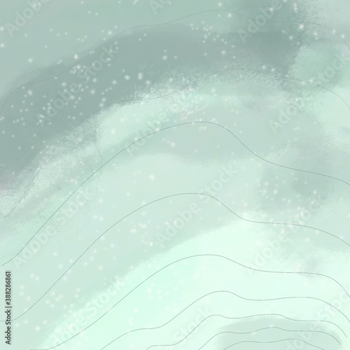 Abstract winter background. Digital illustration with winter mood. Wavy lines on a gray-blue background with a gradient and snowflakes.