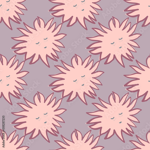 Happy seamless doodle pattern with pink sun faces ornament. Purple pastel background. Happy cartoon print.